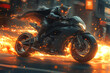 © Aksapix Studio - Fiery Cat Superhero on a blazing Motorcycle: A Nighttime Urban Adventure