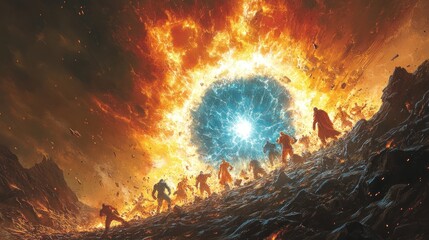 Wall Mural - Fiery apocalypse; figures face celestial event.