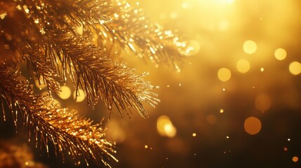 Wall Mural - Happy New Year's 2025 and Marry Christmas made with trees spruce branches. Covered with snow, atmospheric spruce needles are long and short, natural, over festive blurred bokeh golden background.