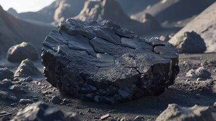 Wall Mural - rugged volcanic rock with a porous texture, deep black and gray tones, natural rough edges, detailed