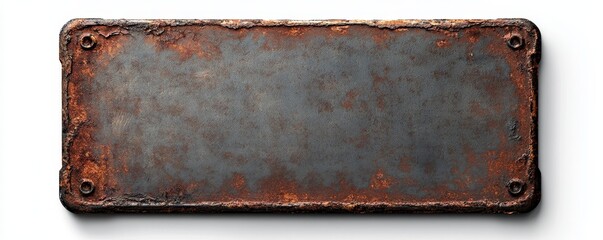 Rusty metal plate, rectangular shape, isolated on white background.