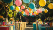 © AIrina - Colorful outdoor party setup with lanterns and vibrant table decorations, festive atmosphere