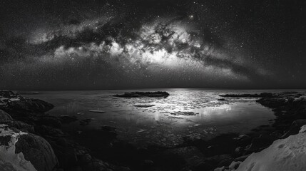 A clear, starry night sky with the Milky Way above the frozen coastline of Lofoten Islands, Norway, offering a stunning view