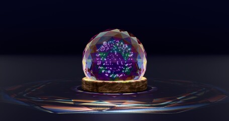 Luminescent particles within polyhedron glass globe. Diffraction of light and caustics. 3D rendering.