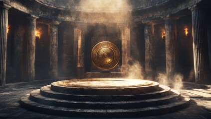 Canvas Print - Ancient temple interior with golden disc on pedestal, smoke, light beams.