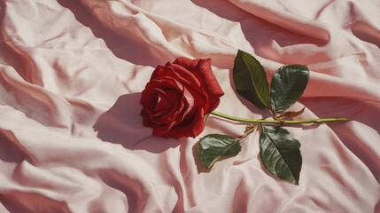 Wall Mural - Elegant Red Rose on Soft Pink Fabric Background with Natural Light