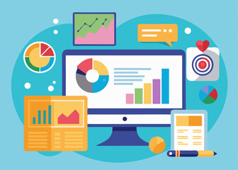Wall Mural - The image depicts a computer monitor displaying colorful charts and graphs, surrounded by other visual elements like a pie chart