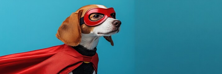 Wall Mural - A beagle dressed as a superhero with a cape and mask against a blue background.