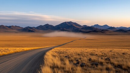 Wall Mural - A scenic view of a winding dirt road leading through vast golden grasslands, framed by distant mountains under a soft sky at sunset, Perfect for travel, nature, or adventure-themed projects,