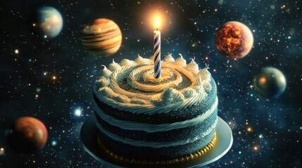 Wall Mural - a birthday cake with a candle surrounded by planets in a cosmic background.