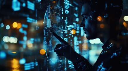 Man interacts with a futuristic holographic interface displaying global data.