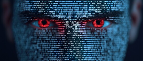 Digital face with red eyes surrounded by binary code.