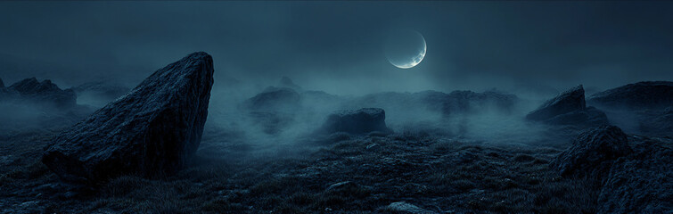 Wall Mural - dark moorland with black boulders, barely illuminated by the pale light of a hidden moon, with swirl