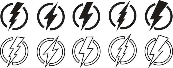 flash lightning bolt icon set. Electric power symbol. Power energy sign, vector graphic design elements Power energy icon sign in filled, flash thunder power icons, isolated on transparent background.