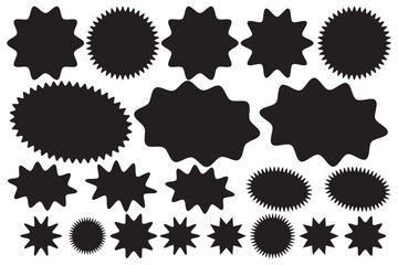 Wall Mural - Sticker star burst, promo badge round shape, price tag circle, sale label icon, black sun, new discount set isolated on white background. Advertising vector illustration