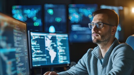 A focused individual analyzes data on multiple screens in a modern tech environment, surrounded by digital displays and complex information.