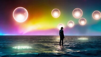 Wall Mural - solitary astronaut standing on reflective water, contemplating luminescent spheres drifting across v
