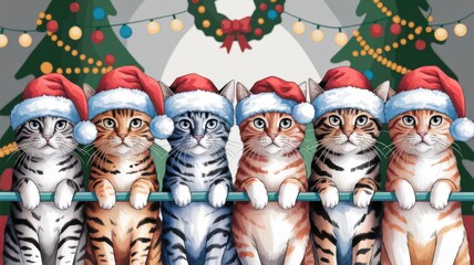 Wall Mural - Seven Adorable Cats in Santa Hats Celebrating Christmas Spirit