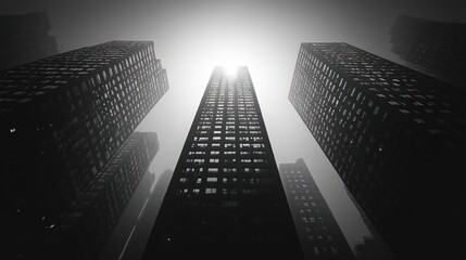 Canvas Print - Three skyscrapers rise, sunlight above.