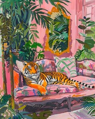 Majestic tiger finds tranquility plush pink couch surrounded lush greenery vintage decor evoking essence Fauvism art