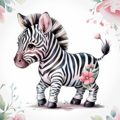 Wall Mural - Cute Illustrative Zebra Character Surrounded by Floral Design