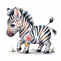 Wall Mural - Cute cartoon zebra character with floral design and playful stance