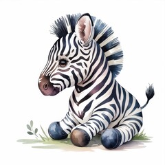 Wall Mural - Cute Cartoon Zebra Sitting on Grass with Adorable Expression