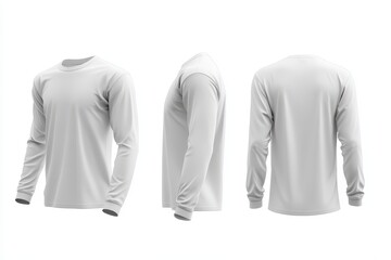 White long sleeve shirt mockup, front, side, back views.