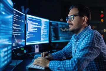 A focused programmer works at multiple computer screens, analyzing code in a dark environment, showcasing a modern tech workspace.