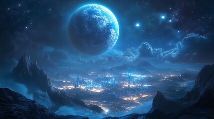 Wall Mural - The Earth with blue lights from the city a dark sky galaxy space