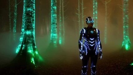Wall Mural - Astronaut wearing glowing suit exploring a mysterious forest with glowing trees and fog at night