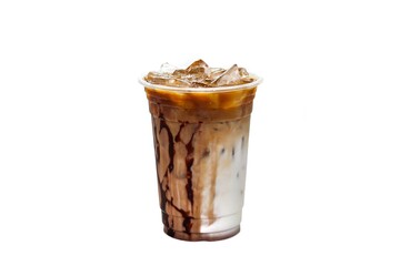 Ready for drink Mocha ice coffee serving with chocolate sauce looking good taste and put on white background and isolate concept.