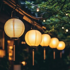 Wall Mural - Elegant Japanese Paper Lanterns Illuminating a Nighttime Garden Scene