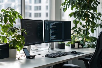 Modern workspace with two computer monitors displaying code, plants, and office supplies.