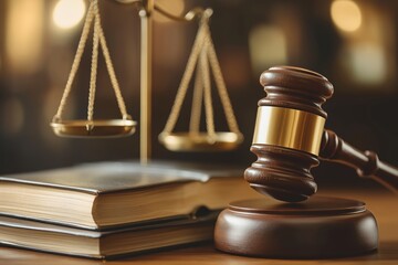 A Wooden Gavel Resting on its Sound Block in the Foreground Brass Justice Scale With Book of Law and Judicial System