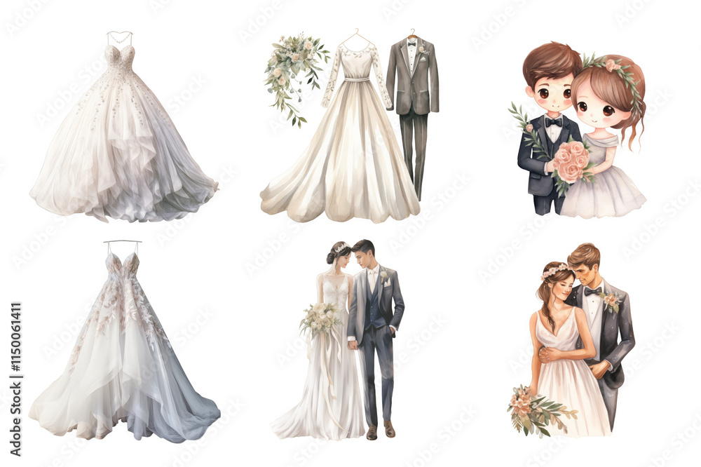 ภาพประกอบ Stock Happy Wedding Day Watercolor Collection Bundle Set ...