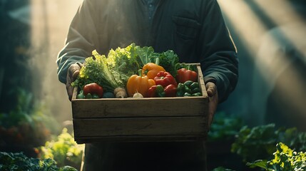 Wall Mural - The farmer holds a wooden box full of vegetables