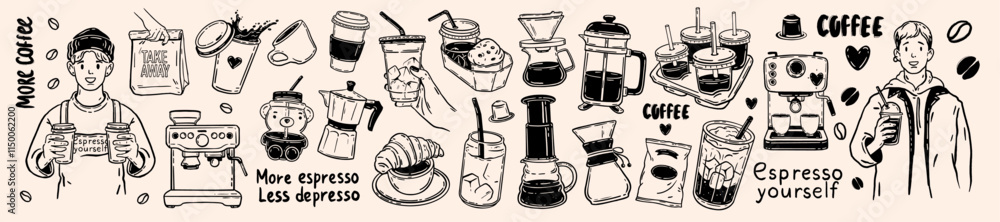 Coffee icon vector hand drawn set, doodle cafes illustration, morning ...