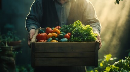 Wall Mural - The farmer holds a wooden box full of vegetables