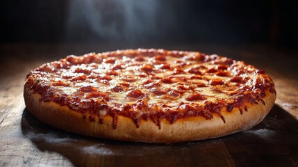 Sticker - Freshly baked pepperoni pizza on pink table ready to serve at a casual dining setting