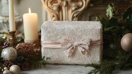 Wall Mural - A beautifully wrapped Christmas gift box with elegant lace and a delicate ribbon. The gift is placed next to a candlelit centerpiece and surrounded by holiday greenery.