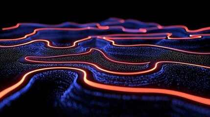 Wall Mural - Abstract glowing wave landscape with orange and blue lines.