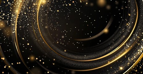 Wall Mural - A black background is set off by gold glitter circles and a sparkling ring, capturing the enchanting atmosphere of Christmas and New Year with a festive display of confetti and firework sparks.