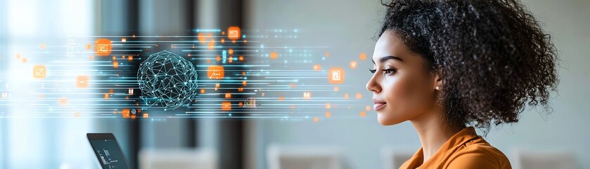 woman using laptop at home, software development tools, api interface, artificial intelligence ai su