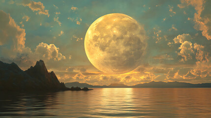 Wall Mural - lunar majesty: a captivating scene of a massive, golden moon rising over a serene, still lake. the c