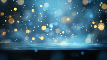 Wall Mural - Design featuring a blurred empty wooden table with gold Christmas lights, abstract bokeh, and a wood celebration feel
