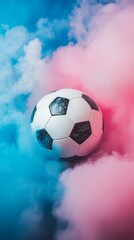 Wall Mural - A soccer ball is in the middle of a blue and pink smoke