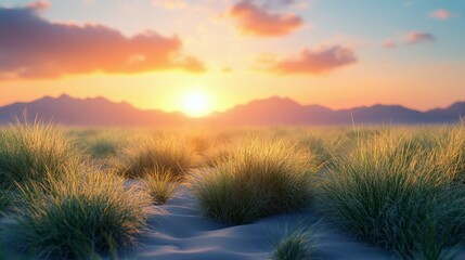 Wall Mural - Vast desert landscape at sunset with golden sands and distant mountains