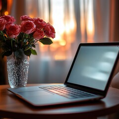 Wall Mural - laptop on a modern table, with the blurred colors of roses in a vase lending warmth and texture to the scene