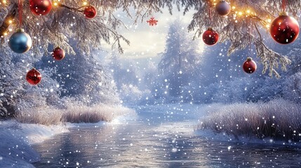 Wall Mural - A charming PNG Christmas border featuring a wintry landscape with frosty trees and a shimmering river flowing through a snowy field